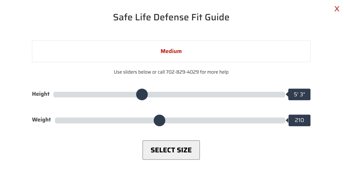 Safe Life Defense Fit Guide: height and weight sliders recommend a size, with a Select Size button